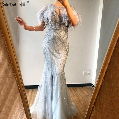 On Sale no return no refundSale Silver Feathers Shawl Yarn Sexy Evening Dresses 2025 Dubai Mermaid V-Neck Beading Diamond Formal Dress Serene Hill LA70355 - SERENE HILL