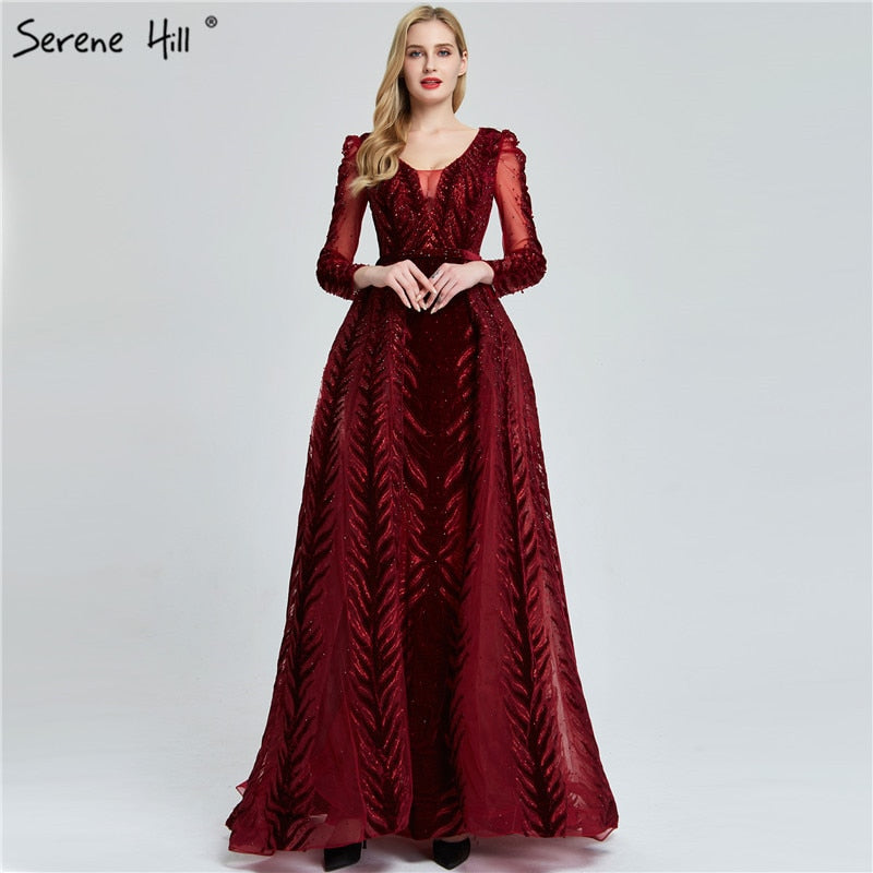 Velvet Wine Red Evening Dresses Long Sleeves Luxury Design Beading Formal Dress 2025 Serene Hill Plus Size LA60903 - SERENE HILL