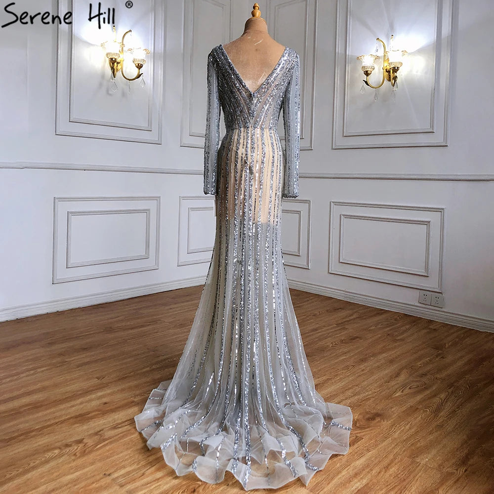 Serene Hill Silver Blue Mermaid Split Evening Dresses Gowns 2025 Beaded Elegant Luxury For Women Party LA71392 - SERENE HILL