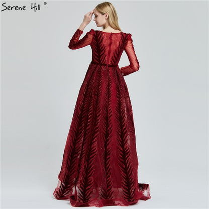 Velvet Wine Red Evening Dresses Long Sleeves Luxury Design Beading Formal Dress 2025 Serene Hill Plus Size LA60903 - SERENE HILL