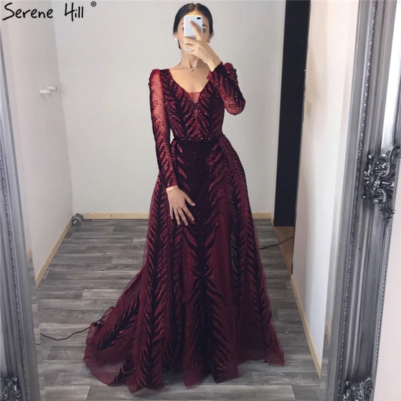 Velvet Wine Red Evening Dresses Long Sleeves Luxury Design Beading Formal Dress 2025 Serene Hill Plus Size LA60903 - SERENE HILL