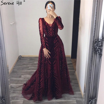 Velvet Wine Red Evening Dresses Long Sleeves Luxury Design Beading Formal Dress 2025 Serene Hill Plus Size LA60903 - SERENE HILL