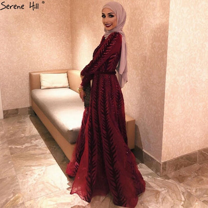 Velvet Wine Red Evening Dresses Long Sleeves Luxury Design Beading Formal Dress 2025 Serene Hill Plus Size LA60903 - SERENE HILL
