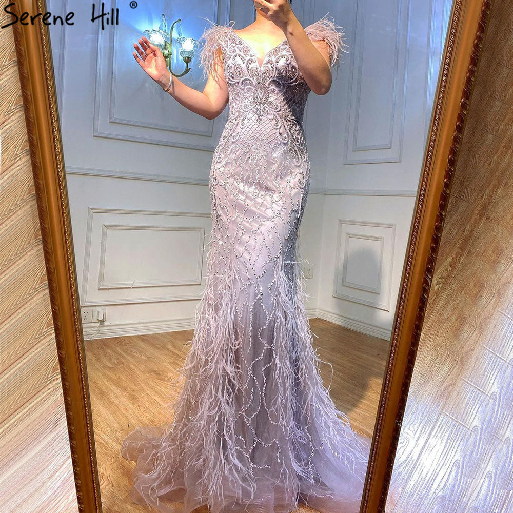 Champagne Luxury V-Neck Sexy Mermaid Evening Dresses 2025 Diamond Feathers Sleeveless Formal Dress Serene Hill LA70350 - SERENE HILL