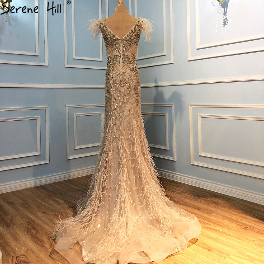 Champagne Luxury V-Neck Sexy Mermaid Evening Dresses 2025 Diamond Feathers Sleeveless Formal Dress Serene Hill LA70350 - SERENE HILL