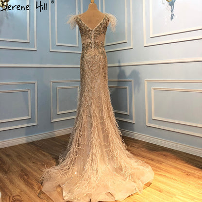 Champagne Luxury V-Neck Sexy Mermaid Evening Dresses 2025 Diamond Feathers Sleeveless Formal Dress Serene Hill LA70350 - SERENE HILL