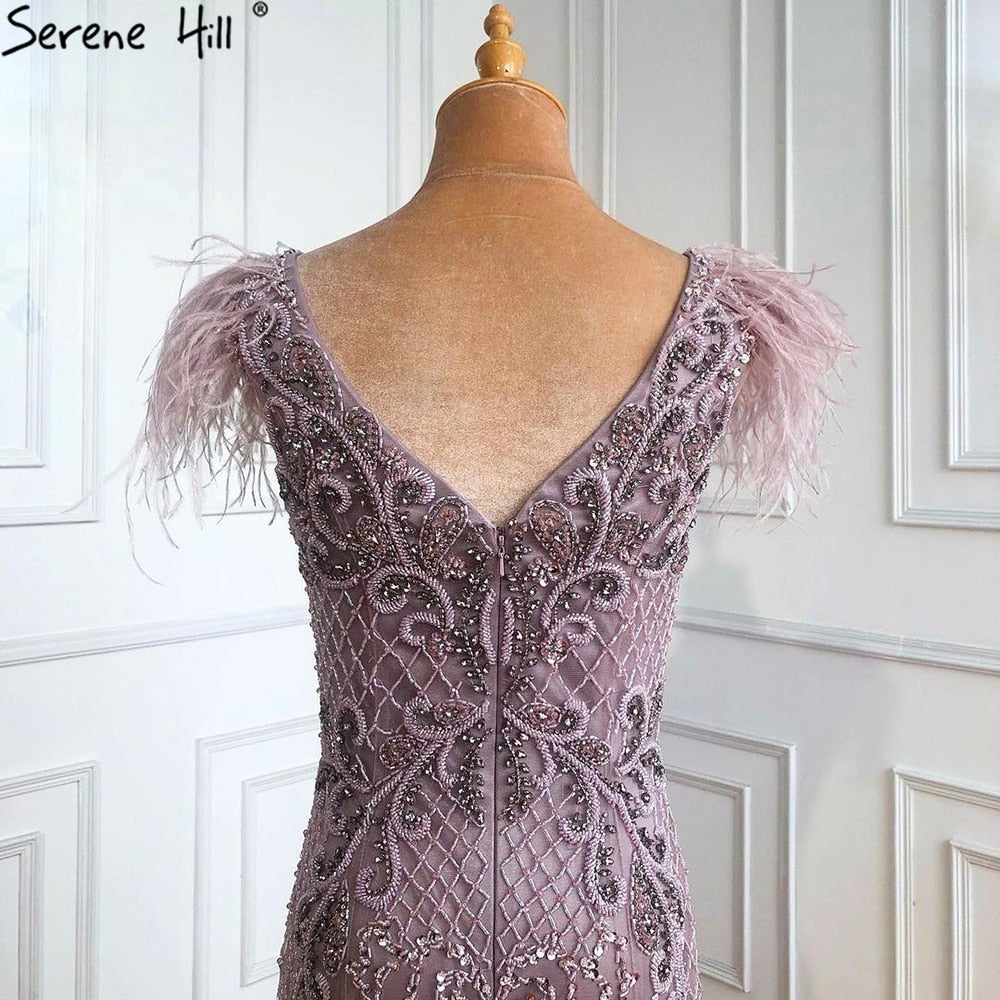 Champagne Luxury V-Neck Sexy Mermaid Evening Dresses 2025 Diamond Feathers Sleeveless Formal Dress Serene Hill LA70350 - SERENE HILL