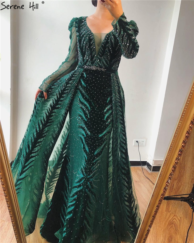 Velvet Wine Red Evening Dresses Long Sleeves Luxury Design Beading Formal Dress 2025 Serene Hill Plus Size LA60903 - SERENE HILL