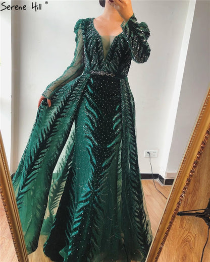 Velvet Wine Red Evening Dresses Long Sleeves Luxury Design Beading Formal Dress 2025 Serene Hill Plus Size LA60903 - SERENE HILL