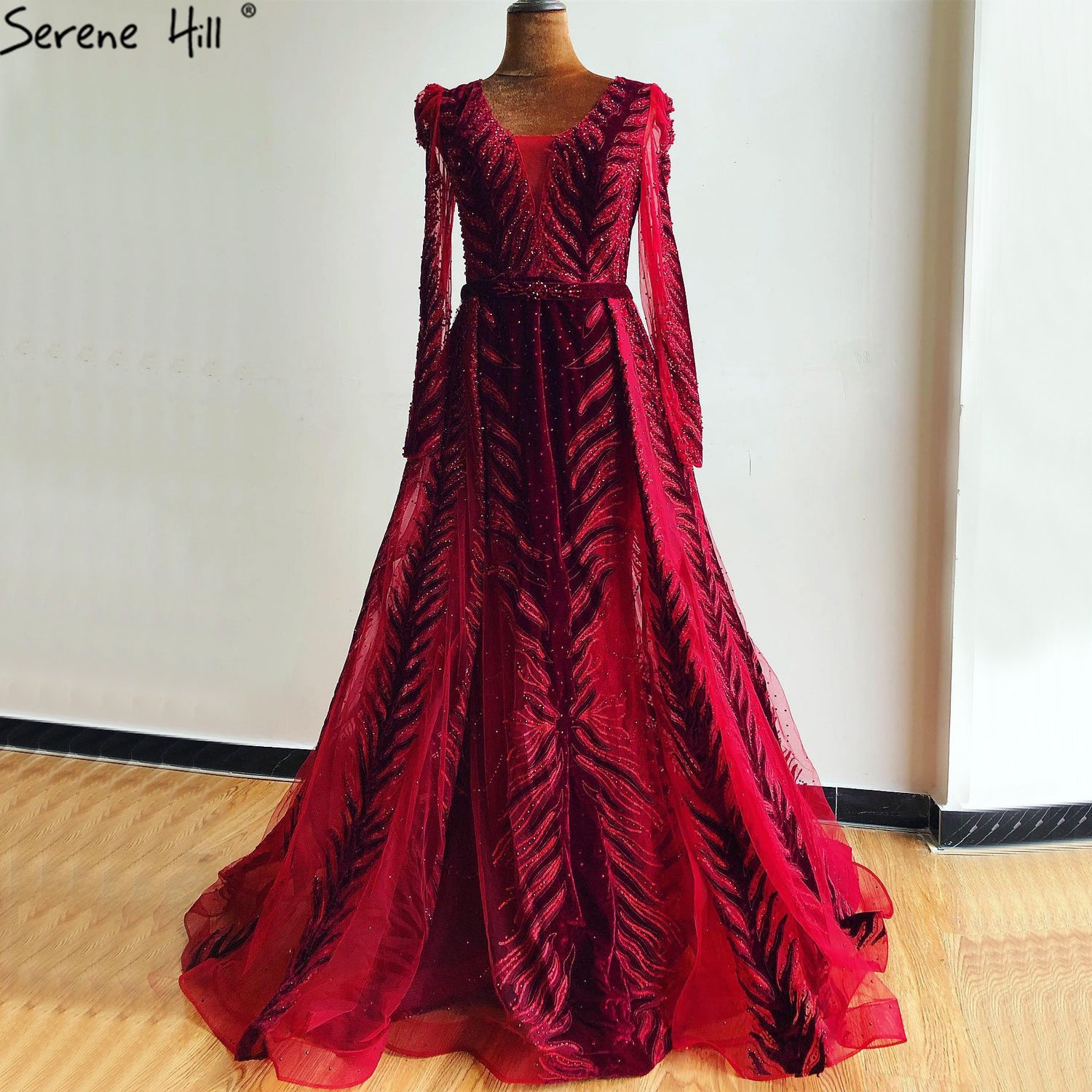 Velvet Wine Red Evening Dresses Long Sleeves Luxury Design Beading Formal Dress 2025 Serene Hill Plus Size LA60903 - SERENE HILL