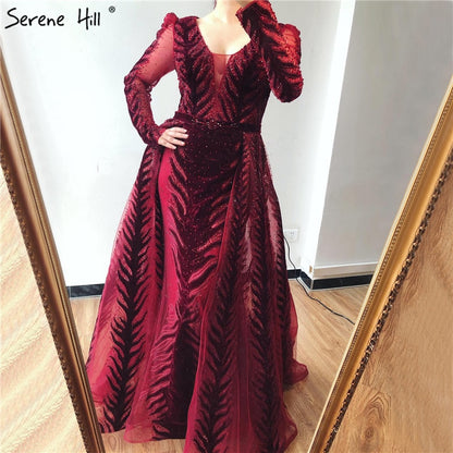 Velvet Wine Red Evening Dresses Long Sleeves Luxury Design Beading Formal Dress 2025 Serene Hill Plus Size LA60903 - SERENE HILL