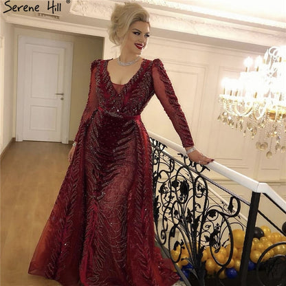 Velvet Wine Red Evening Dresses Long Sleeves Luxury Design Beading Formal Dress 2025 Serene Hill Plus Size LA60903 - SERENE HILL