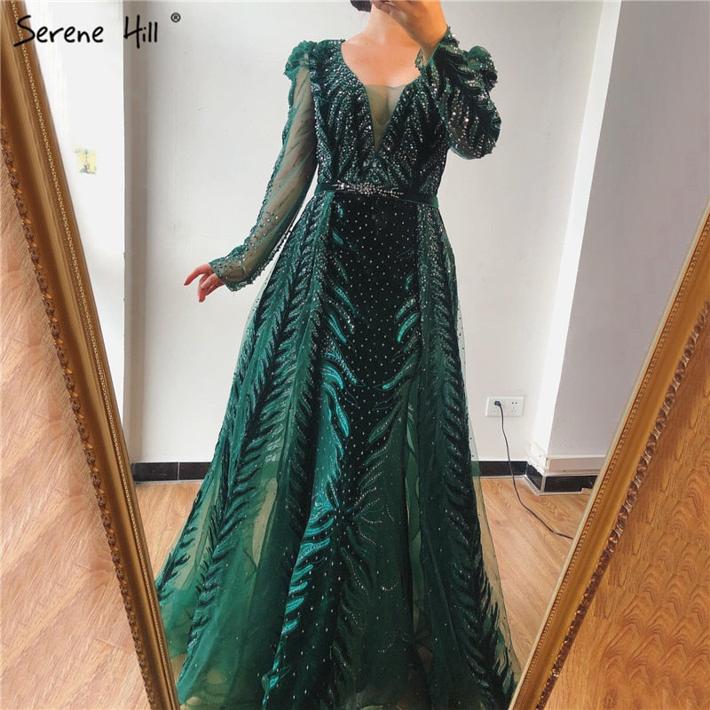 Velvet Wine Red Evening Dresses Long Sleeves Luxury Design Beading Formal Dress 2025 Serene Hill Plus Size LA60903 - SERENE HILL
