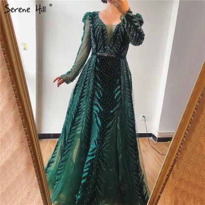 Velvet Wine Red Evening Dresses Long Sleeves Luxury Design Beading Formal Dress 2025 Serene Hill Plus Size LA60903 - SERENE HILL