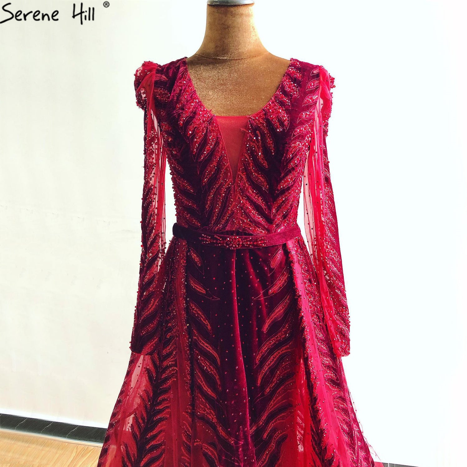 Velvet Wine Red Evening Dresses Long Sleeves Luxury Design Beading Formal Dress 2025 Serene Hill Plus Size LA60903 - SERENE HILL