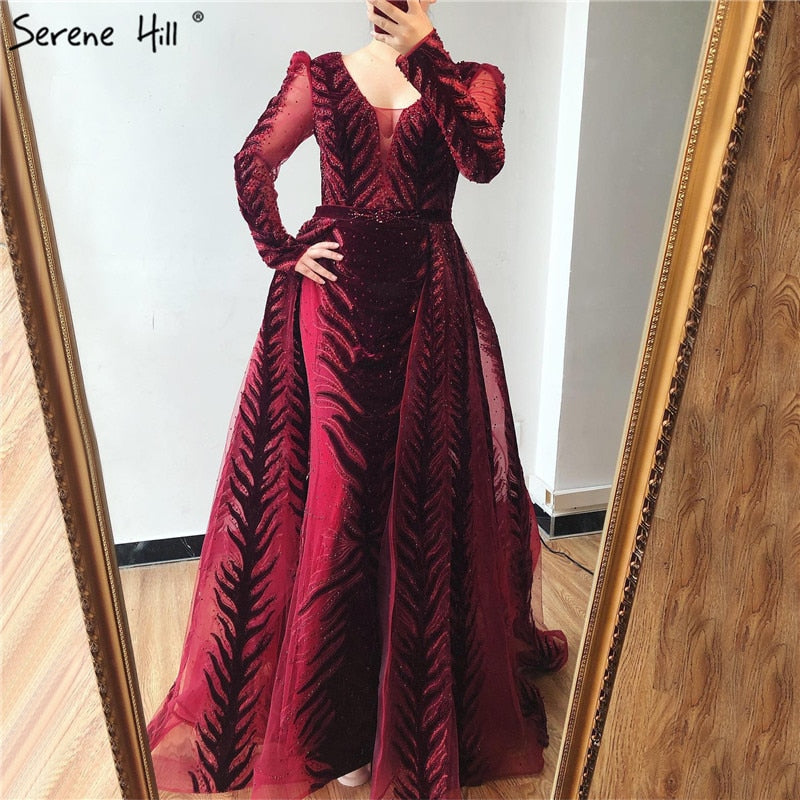Velvet Wine Red Evening Dresses Long Sleeves Luxury Design Beading Formal Dress 2025 Serene Hill Plus Size LA60903 - SERENE HILL