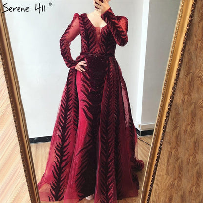 Velvet Wine Red Evening Dresses Long Sleeves Luxury Design Beading Formal Dress 2025 Serene Hill Plus Size LA60903 - SERENE HILL