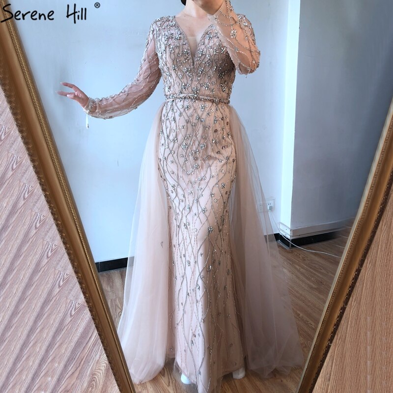 Luxury Grey Mermaid Evening Dress with Detachable Train and Diamond Beading LA70341 - SERENE HILL