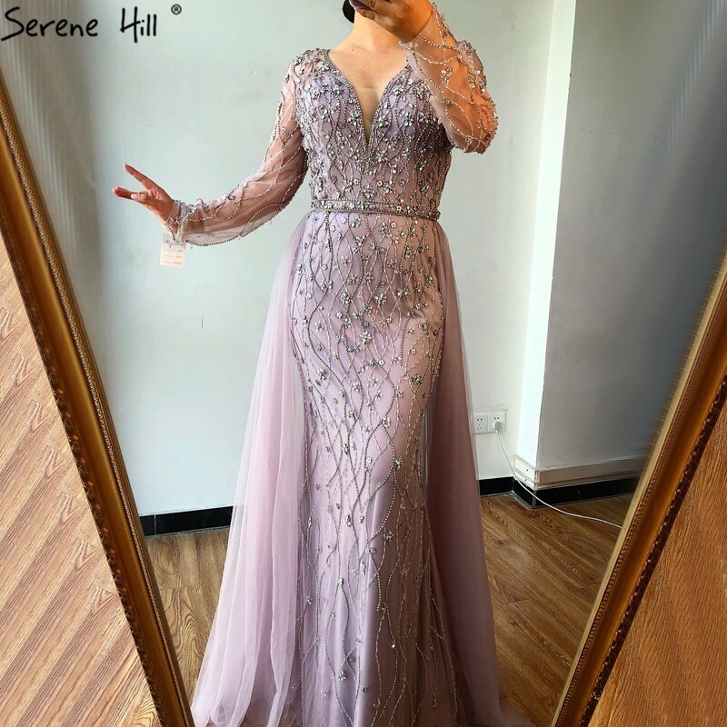Luxury Grey Mermaid Evening Dress with Detachable Train and Diamond Beading LA70341 - SERENE HILL