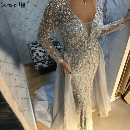Luxury Grey Mermaid Evening Dress with Detachable Train and Diamond Beading LA70341 - SERENE HILL