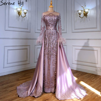 Serene Hill Muslim Blue Detachable Skirt Evening Dresses Gowns 2025 Feathers Beaded Mermaid Luxury For Women Party LA60932A - SERENE HILL