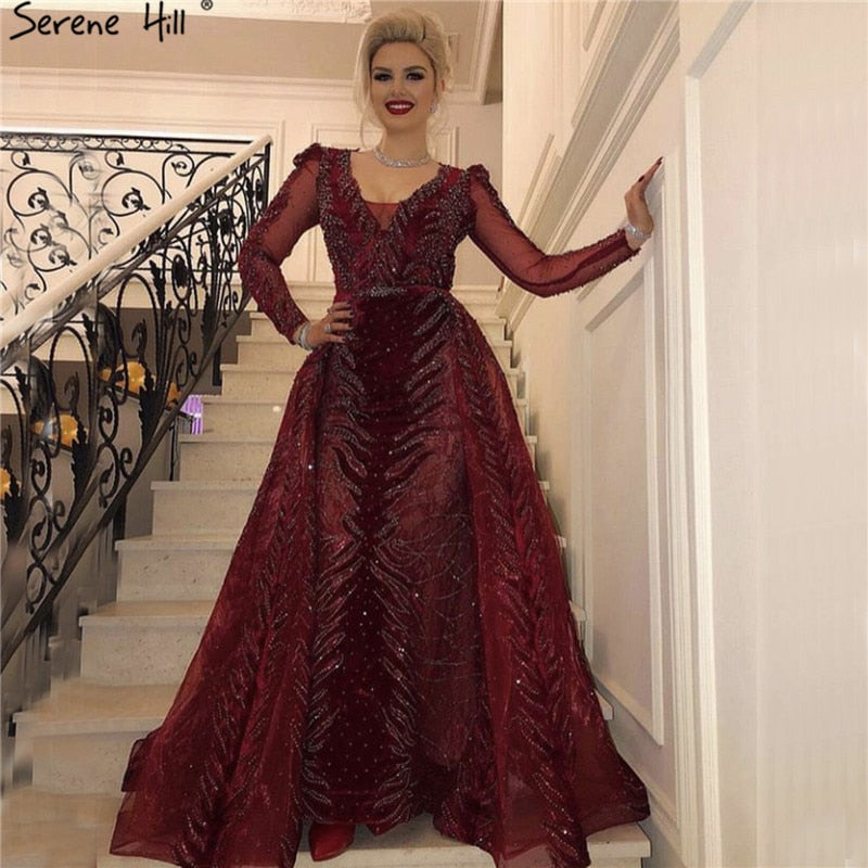 Velvet Wine Red Evening Dresses Long Sleeves Luxury Design Beading Formal Dress 2025 Serene Hill Plus Size LA60903 - SERENE HILL