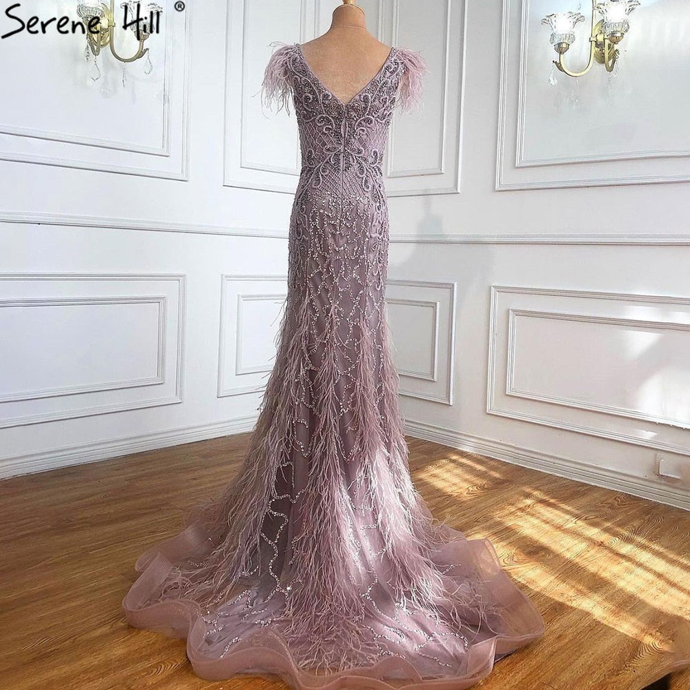 Champagne Luxury V-Neck Sexy Mermaid Evening Dresses 2025 Diamond Feathers Sleeveless Formal Dress Serene Hill LA70350 - SERENE HILL