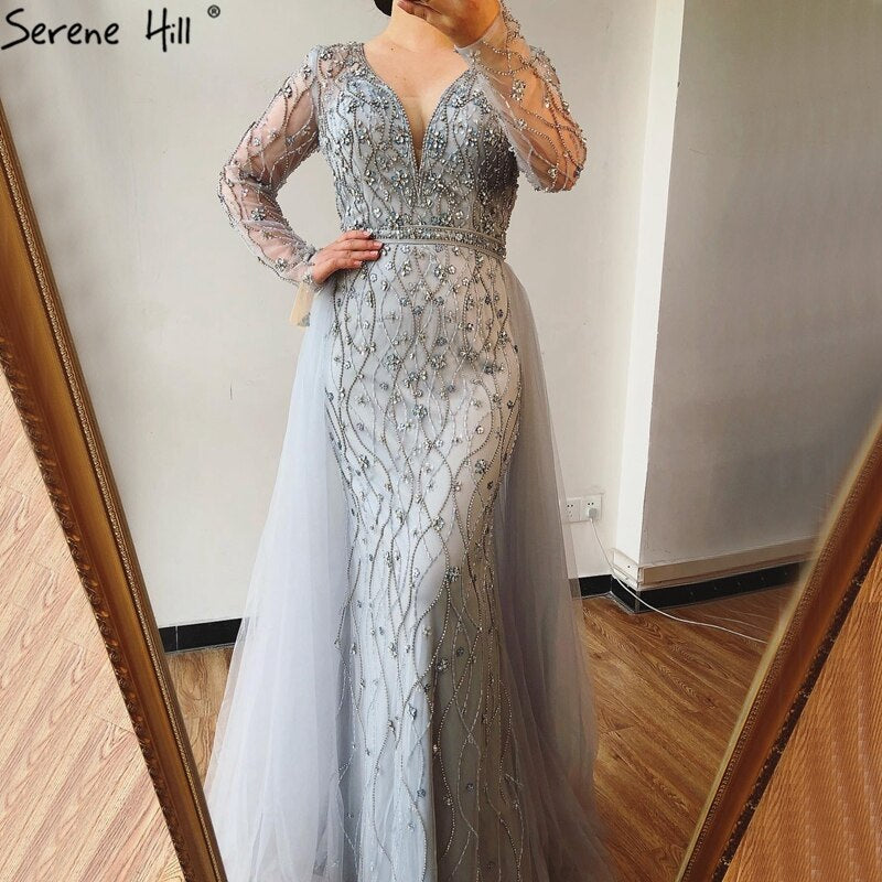 Luxury Grey Mermaid Evening Dress with Detachable Train and Diamond lilac / 12