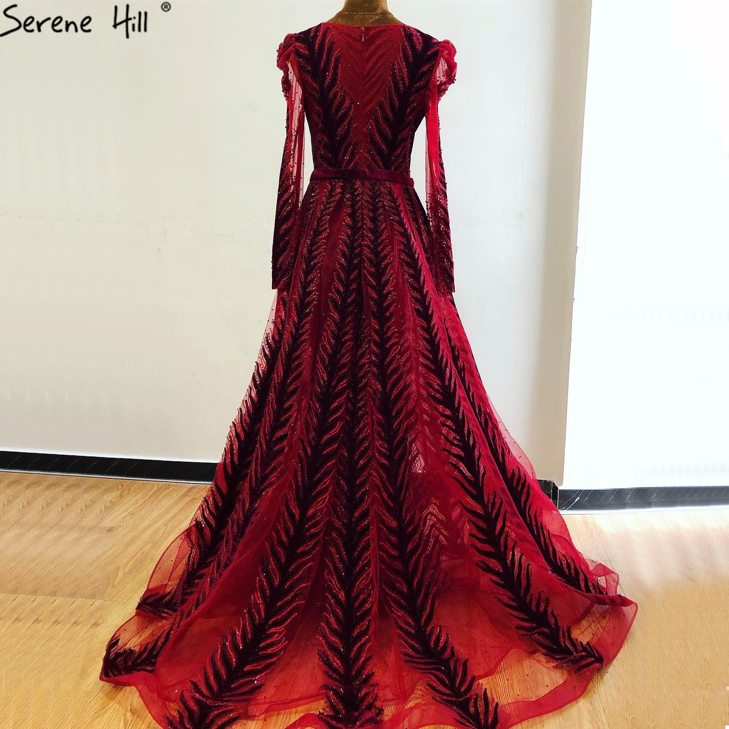 Velvet Wine Red Evening Dresses Long Sleeves Luxury Design Beading Formal Dress 2025 Serene Hill Plus Size LA60903 - SERENE HILL