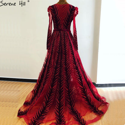 Velvet Wine Red Evening Dresses Long Sleeves Luxury Design Beading Formal Dress 2025 Serene Hill Plus Size LA60903 - SERENE HILL