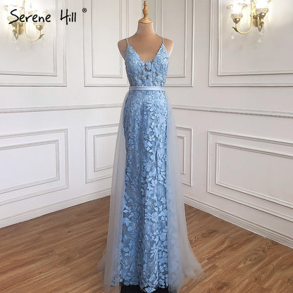 Pink Mermaid V-Neck Sexy Evening Dresses 2025 Handmade Flowers Sleeveless Tulle Formal Dress Serene Hill LA70431 - SERENE HILL