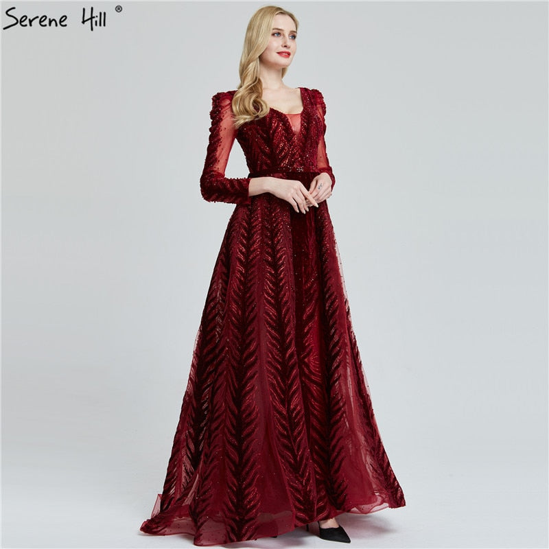 Velvet Wine Red Evening Dresses Long Sleeves Luxury Design Beading Formal Dress 2025 Serene Hill Plus Size LA60903 - SERENE HILL
