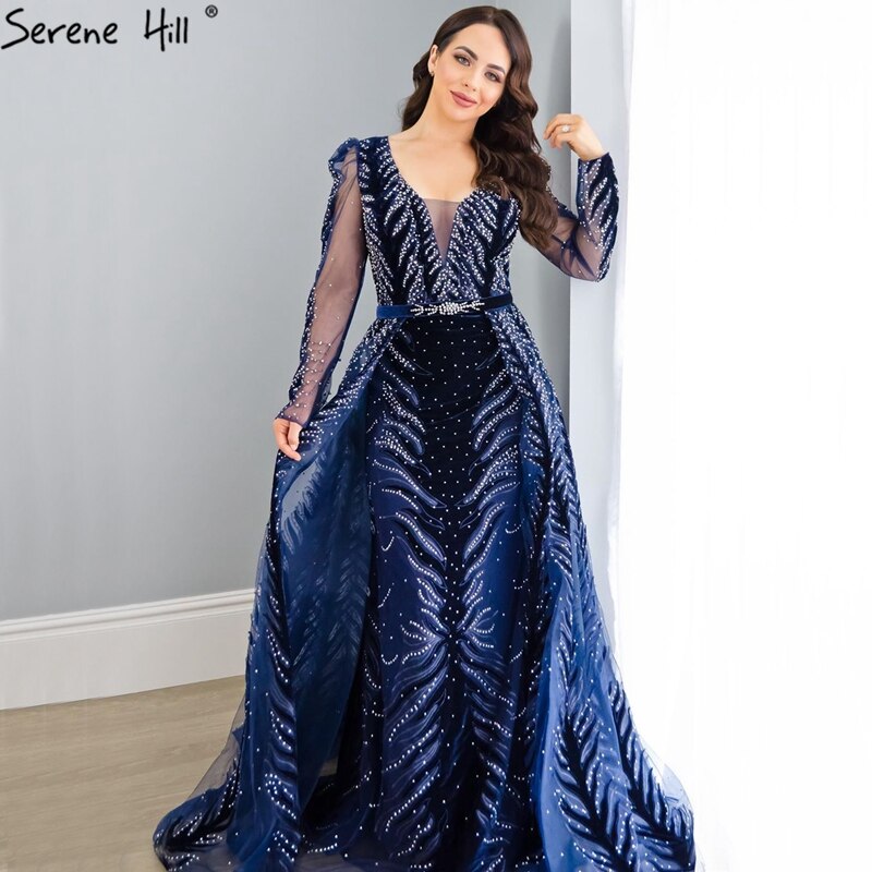 Velvet Wine Red Evening Dresses Long Sleeves Luxury Design Beading Formal Dress 2025 Serene Hill Plus Size LA60903 - SERENE HILL