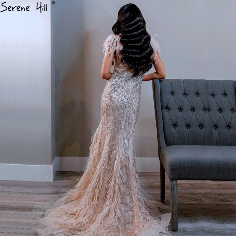 Champagne Luxury V-Neck Sexy Mermaid Evening Dresses 2025 Diamond Feathers Sleeveless Formal Dress Serene Hill LA70350 - SERENE HILL