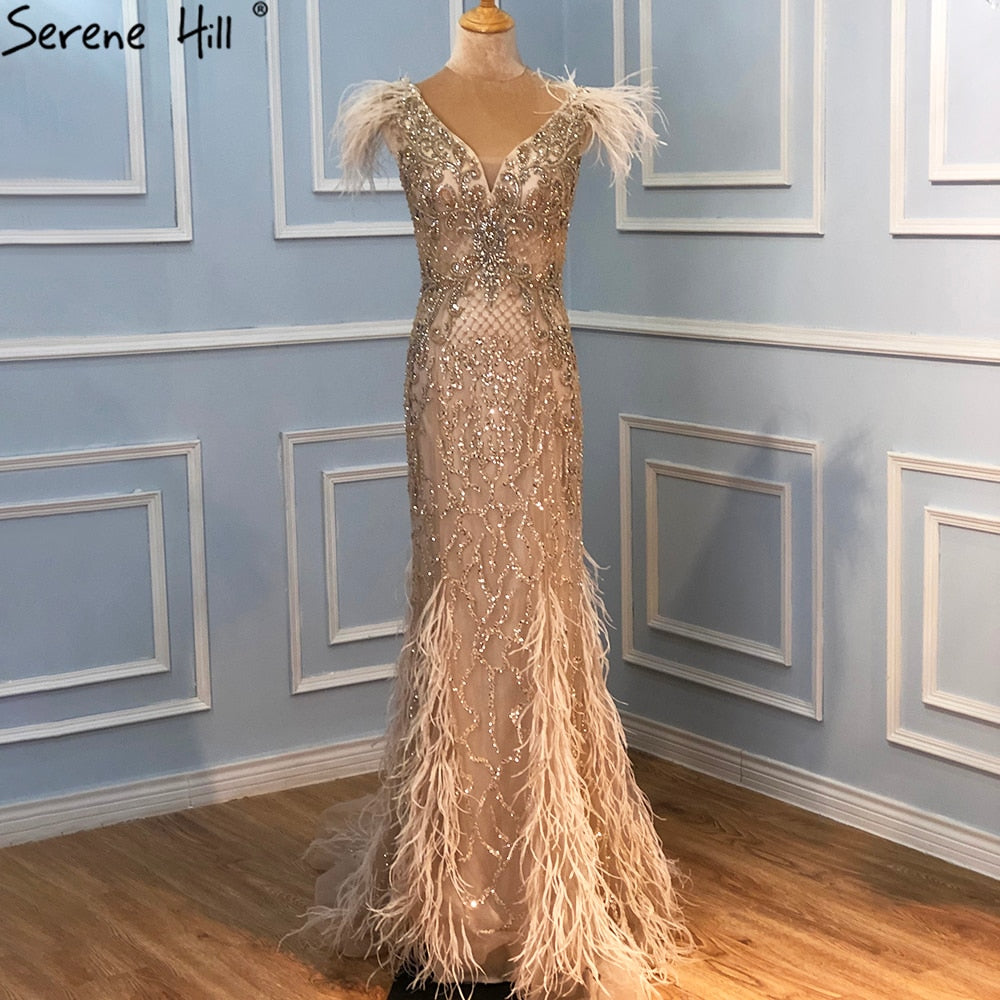 Champagne Luxury V-Neck Sexy Mermaid Evening Dresses 2025 Diamond Feathers Sleeveless Formal Dress Serene Hill LA70350 - SERENE HILL
