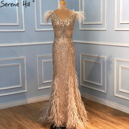 Champagne Luxury V-Neck Sexy Mermaid Evening Dresses 2025 Diamond Feathers Sleeveless Formal Dress Serene Hill LA70350 - SERENE HILL