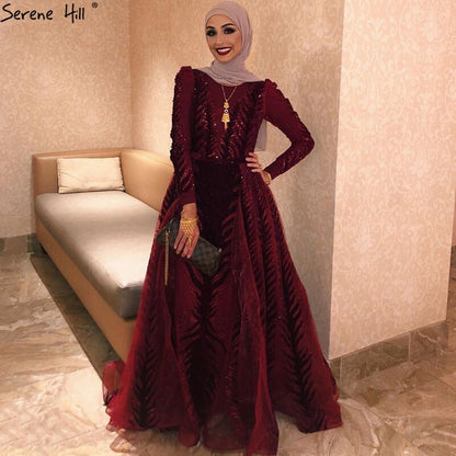 Velvet Wine Red Evening Dresses Long Sleeves Luxury Design Beading Formal Dress 2025 Serene Hill Plus Size LA60903 - SERENE HILL