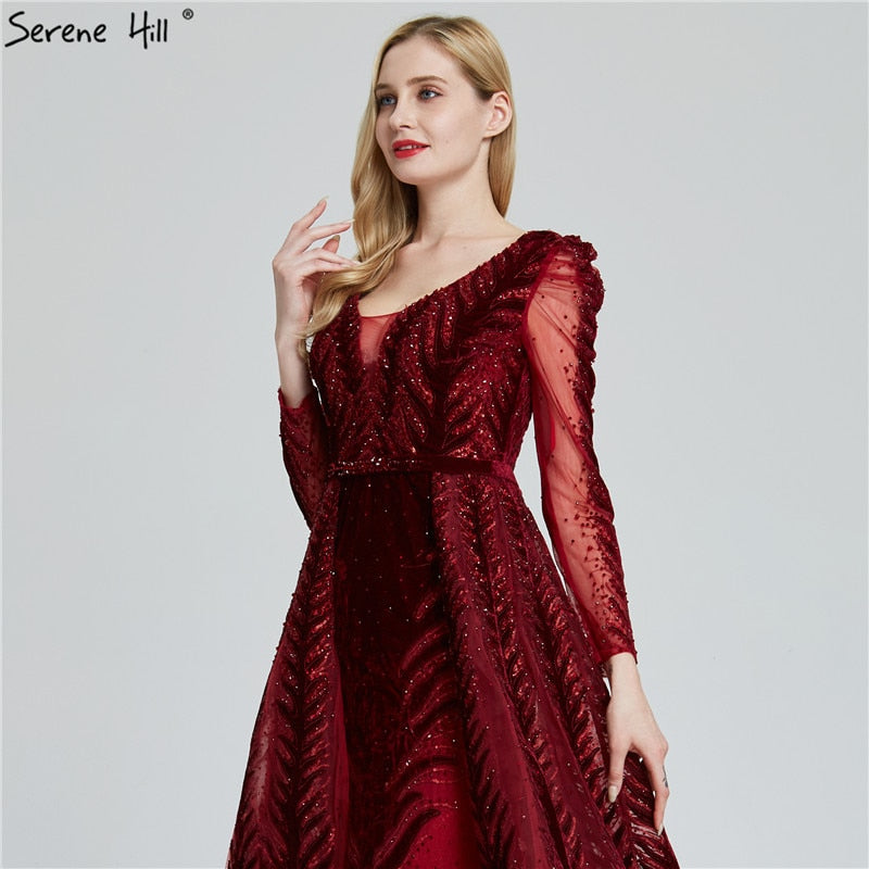 Velvet Wine Red Evening Dresses Long Sleeves Luxury Design Beading Formal Dress 2025 Serene Hill Plus Size LA60903 - SERENE HILL