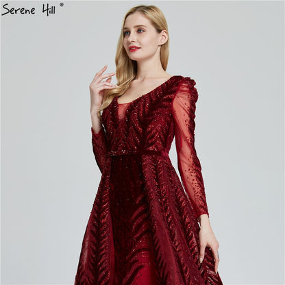 Velvet Wine Red Evening Dresses Long Sleeves Luxury Design Beading Formal Dress 2025 Serene Hill Plus Size LA60903 - SERENE HILL