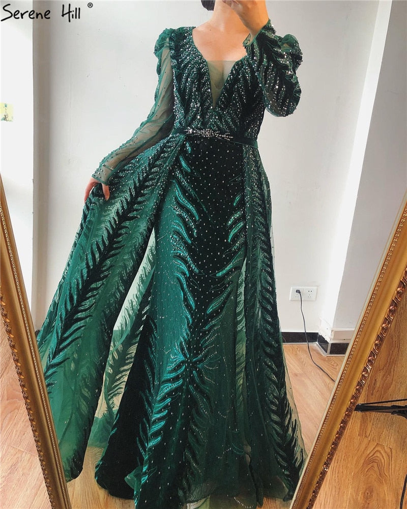 Velvet Wine Red Evening Dresses Long Sleeves Luxury Design Beading Formal Dress 2025 Serene Hill Plus Size LA60903 - SERENE HILL