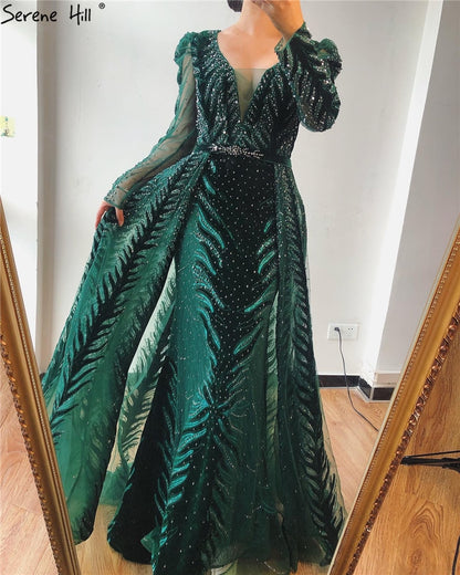 Velvet Wine Red Evening Dresses Long Sleeves Luxury Design Beading Formal Dress 2025 Serene Hill Plus Size LA60903 - SERENE HILL