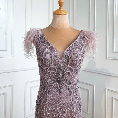 Champagne Luxury V-Neck Sexy Mermaid Evening Dresses 2025 Diamond Feathers Sleeveless Formal Dress Serene Hill LA70350 - SERENE HILL