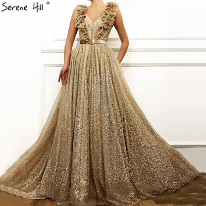 On Sale No Return No Refund Dubai V-Neck Sleeveless Luxury Evening Gown Designs 2025 Sequined Sashes Sexy Tulle Evening Dresses Serene Hill LA60796 - SERENE HILL