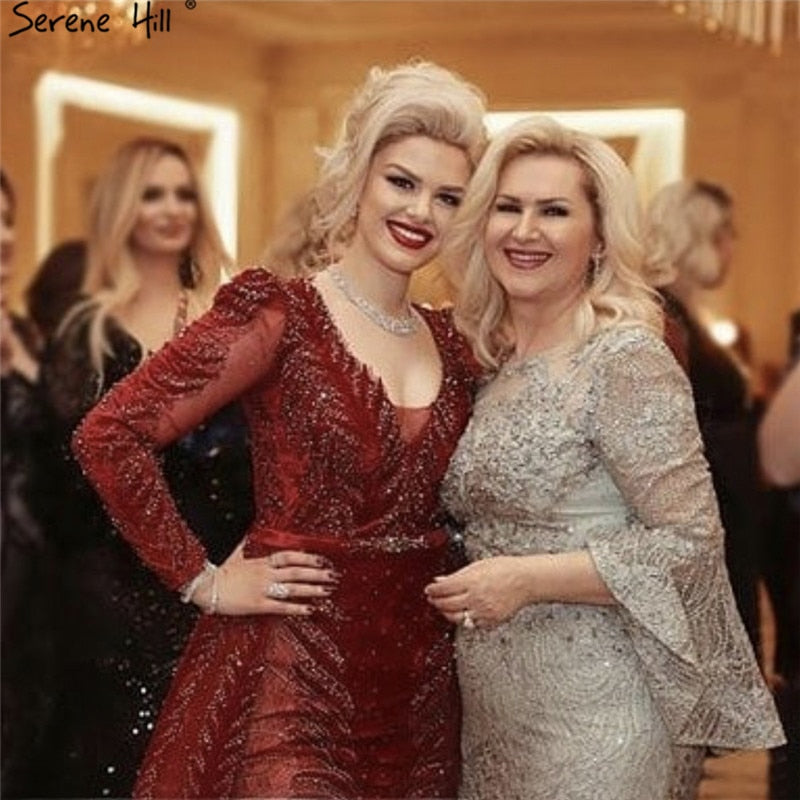 Velvet Wine Red Evening Dresses Long Sleeves Luxury Design Beading Formal Dress 2025 Serene Hill Plus Size LA60903 - SERENE HILL