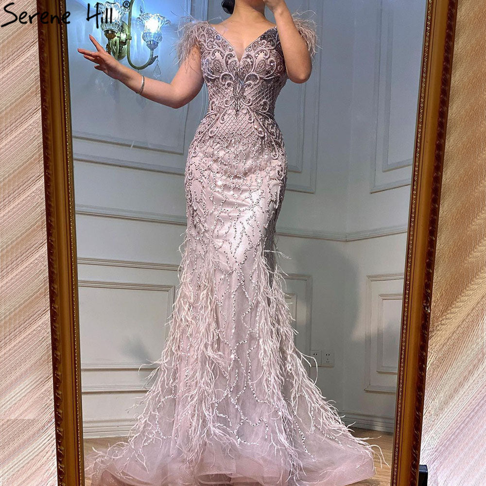 Champagne Luxury V-Neck Sexy Mermaid Evening Dresses 2025 Diamond Feathers Sleeveless Formal Dress Serene Hill LA70350 - SERENE HILL