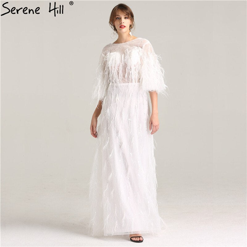On Sale No Return No Refund Sale Half Sleeve Dream Feather Tassel Evening Dresses 2025 White Pearls Fashion Sexy Formal Evening Gowns LA6225 - SERENE HILL