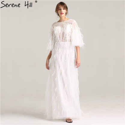 On Sale No Return No Refund Sale Half Sleeve Dream Feather Tassel Evening Dresses 2025 White Pearls Fashion Sexy Formal Evening Gowns LA6225 - SERENE HILL