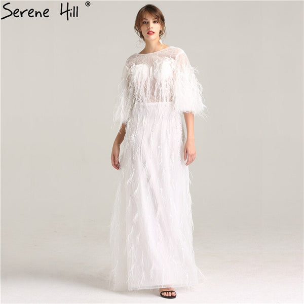 On Sale No Return No Refund Sale Half Sleeve Dream Feather Tassel  Evening Dresses 2025 White Pearls Fashion Sexy Formal Evening Gowns LA6225