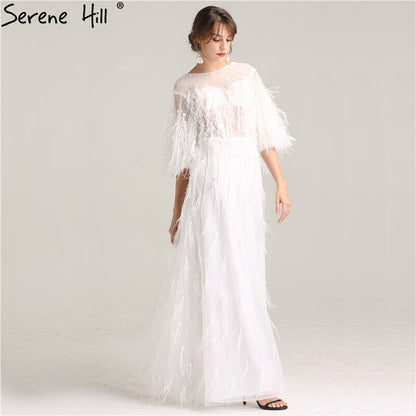 On Sale No Return No Refund Sale Half Sleeve Dream Feather Tassel Evening Dresses 2025 White Pearls Fashion Sexy Formal Evening Gowns LA6225 - SERENE HILL