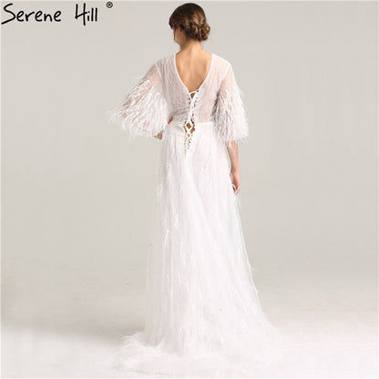 On Sale No Return No Refund Sale Half Sleeve Dream Feather Tassel Evening Dresses 2025 White Pearls Fashion Sexy Formal Evening Gowns LA6225 - SERENE HILL